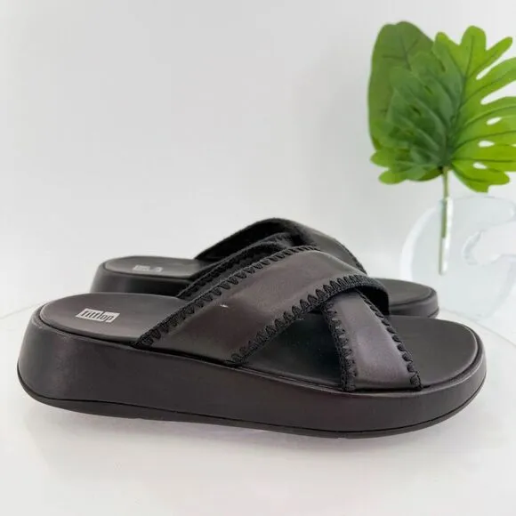 FitFlop Sandals Womens F-Mode Slides Platform Black Leather Wedge Size 11