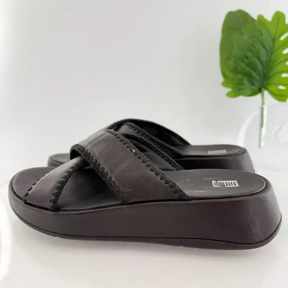FitFlop Sandals Womens F-Mode Slides Platform Black Leather Wedge Size 11