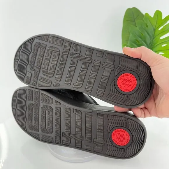FitFlop Sandals Womens F-Mode Slides Platform Black Leather Wedge Size 11