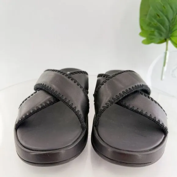 FitFlop Sandals Womens F-Mode Slides Platform Black Leather Wedge Size 11