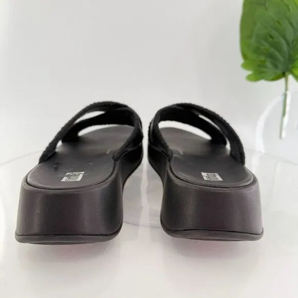 FitFlop Sandals Womens F-Mode Slides Platform Black Leather Wedge Size 11
