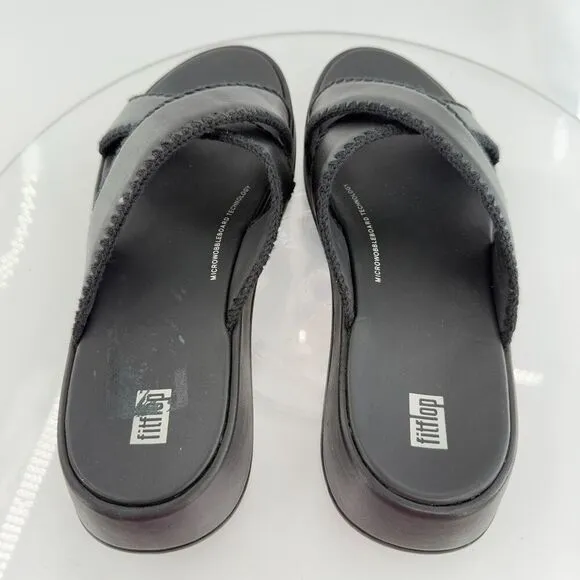FitFlop Sandals Womens F-Mode Slides Platform Black Leather Wedge Size 11