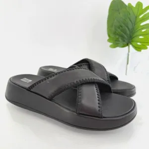 FitFlop Sandals Womens F-Mode Slides Platform Black Leather Wedge Size 11