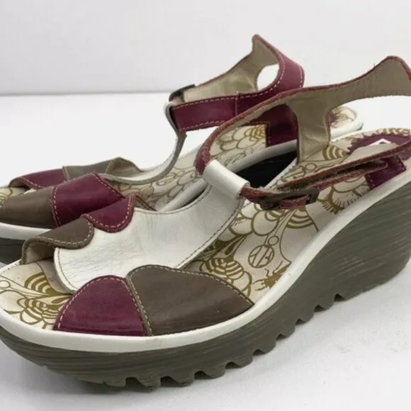 Fly London Leather Cream BurgundyTaupe Peep Toe T Strap Wedge Sandal  7.5