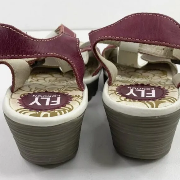 Fly London Leather Cream BurgundyTaupe Peep Toe T Strap Wedge Sandal  7.5