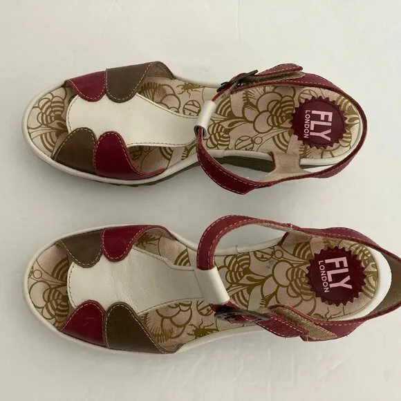Fly London Leather Cream BurgundyTaupe Peep Toe T Strap Wedge Sandal  7.5