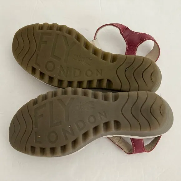 Fly London Leather Cream BurgundyTaupe Peep Toe T Strap Wedge Sandal  7.5