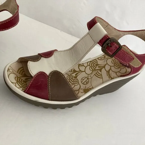 Fly London Leather Cream BurgundyTaupe Peep Toe T Strap Wedge Sandal  7.5