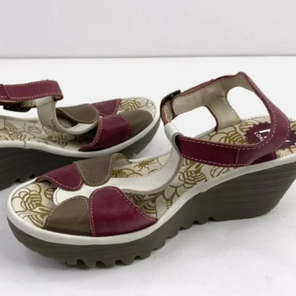 Fly London Leather Cream BurgundyTaupe Peep Toe T Strap Wedge Sandal  7.5