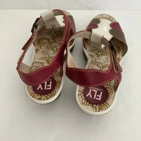 Fly London Leather Cream BurgundyTaupe Peep Toe T Strap Wedge Sandal  7.5