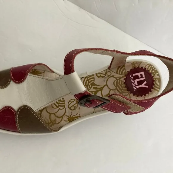 Fly London Leather Cream BurgundyTaupe Peep Toe T Strap Wedge Sandal  7.5