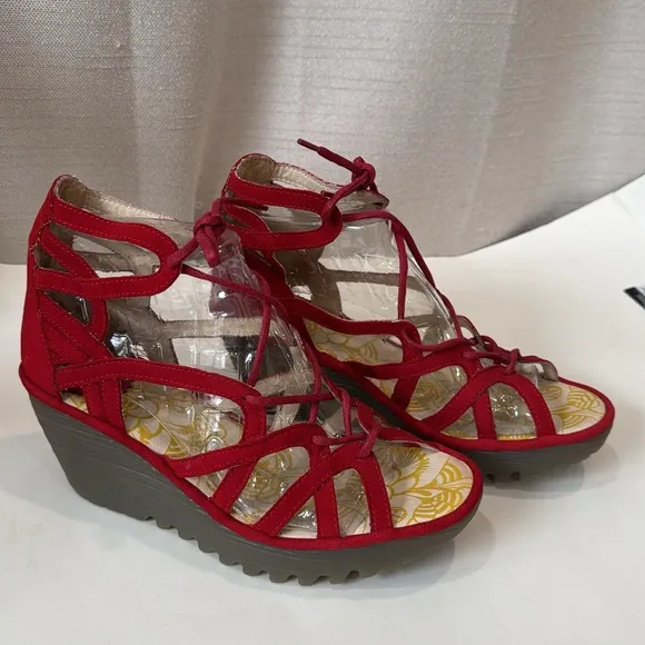 FLY London Leather Lace-Up Yule Wedge Sandals in Red Size 38