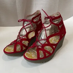 FLY London Leather Lace-Up Yule Wedge Sandals in Red Size 38