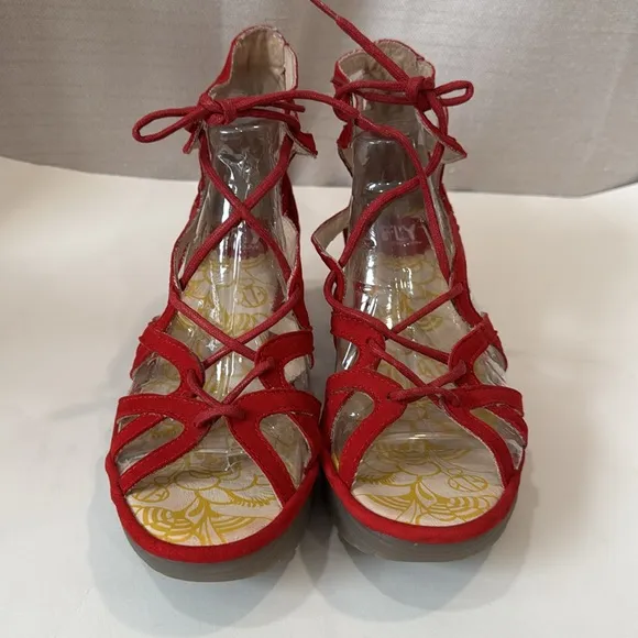 FLY London Leather Lace-Up Yule Wedge Sandals in Red Size 38
