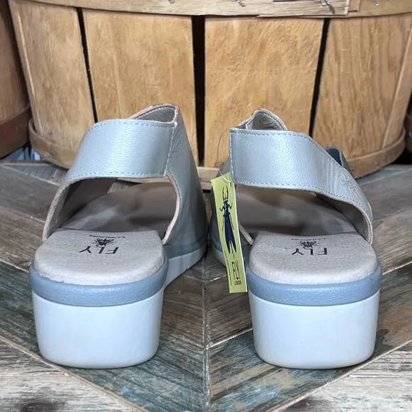 Fly London Nily Silver Pewter Leather Wedge Slingback Sandals Women Size 9 EU 40