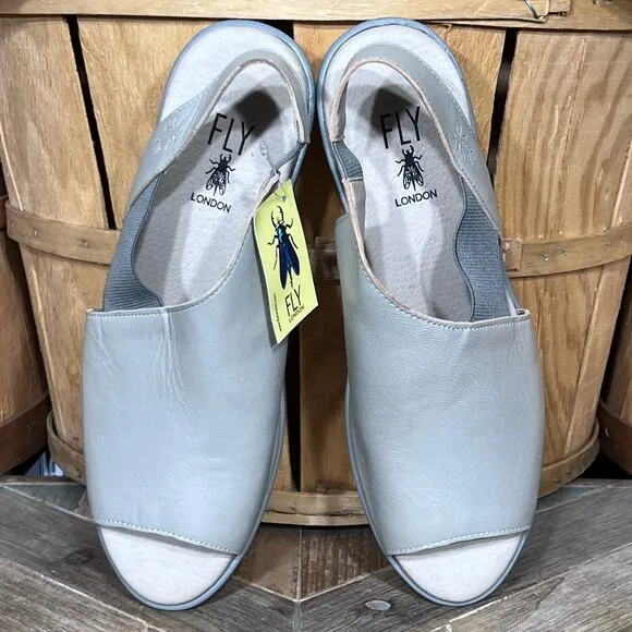 Fly London Nily Silver Pewter Leather Wedge Slingback Sandals Women Size 9 EU 40