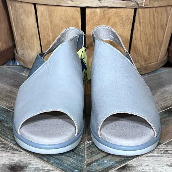 Fly London Nily Silver Pewter Leather Wedge Slingback Sandals Women Size 9 EU 40