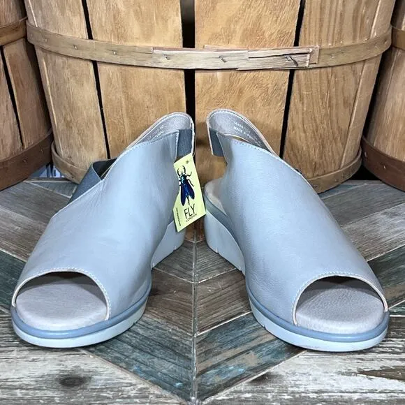 Fly London Nily Silver Pewter Leather Wedge Slingback Sandals Women Size 9 EU 40