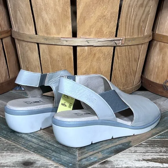 Fly London Nily Silver Pewter Leather Wedge Slingback Sandals Women Size 9 EU 40