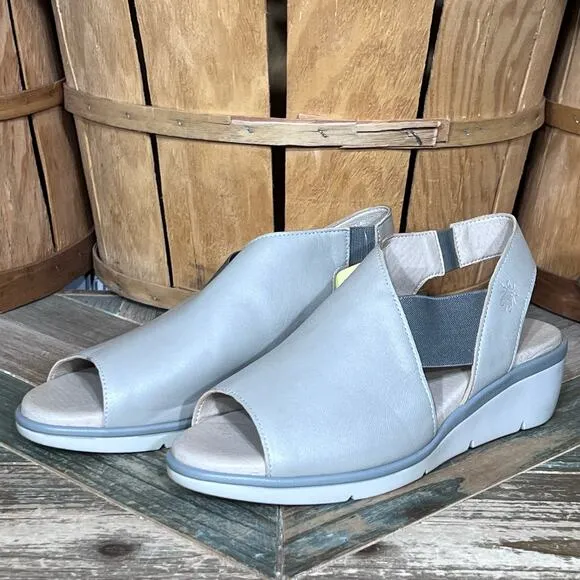 Fly London Nily Silver Pewter Leather Wedge Slingback Sandals Women Size 9 EU 40