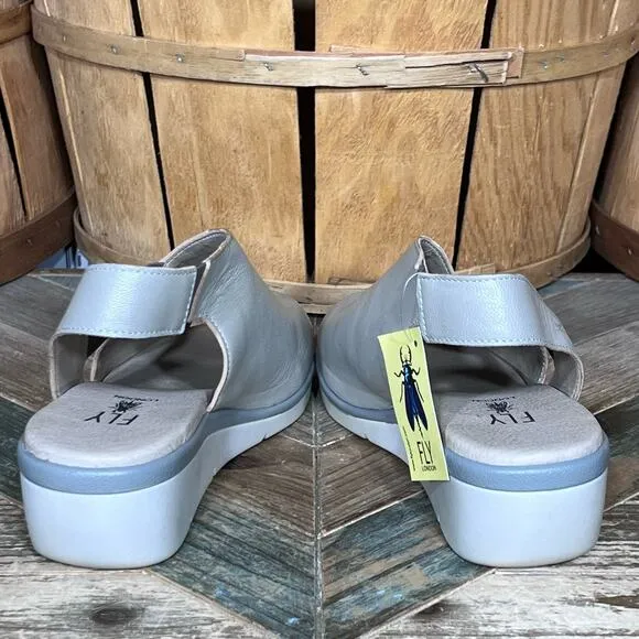 Fly London Nily Silver Pewter Leather Wedge Slingback Sandals Women Size 9 EU 40