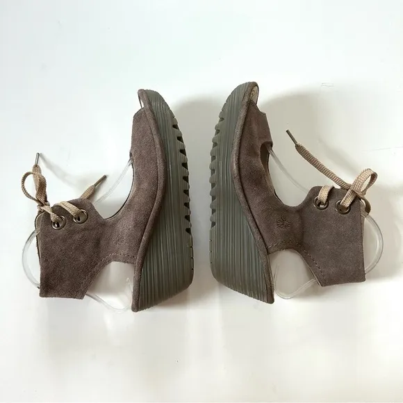 Fly London Taupe Genuine Leather SuedeYaffa Open Toe Wedge Lace-Up Sandal Shoe