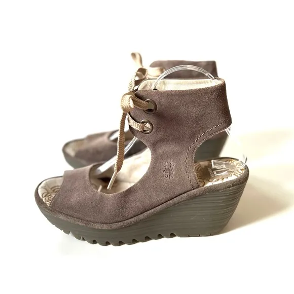 Fly London Taupe Genuine Leather SuedeYaffa Open Toe Wedge Lace-Up Sandal Shoe