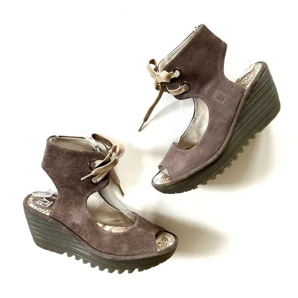 Fly London Taupe Genuine Leather SuedeYaffa Open Toe Wedge Lace-Up Sandal Shoe