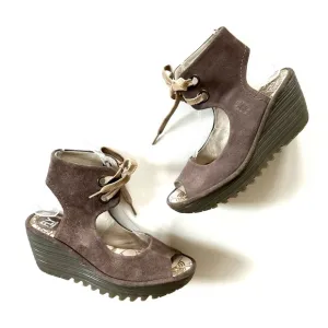 Fly London Taupe Genuine Leather SuedeYaffa Open Toe Wedge Lace-Up Sandal Shoe
