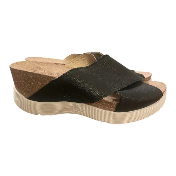 Fly London Wary 895 Black Leather Wedge Sandals EU 37 US 6.5