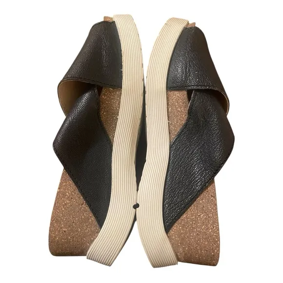 Fly London Wary 895 Black Leather Wedge Sandals EU 37 US 6.5