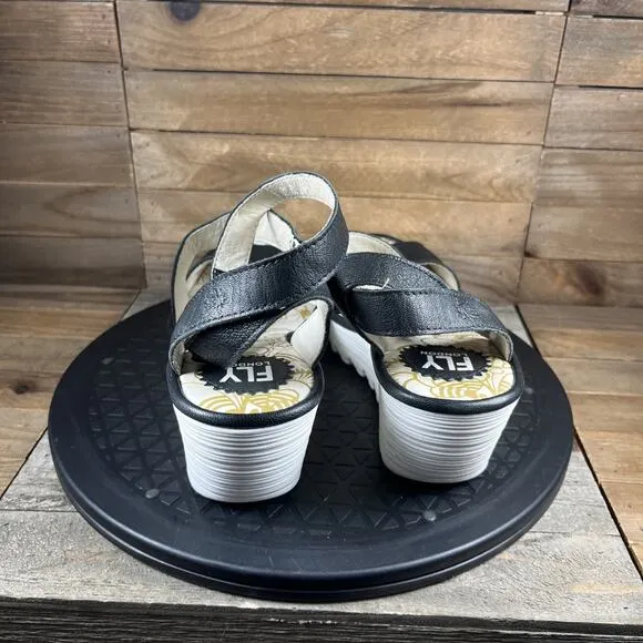 Fly London Women Sz 8-8.5 Black Leather Strappy Adjustable Wedge Sandals Eur 39