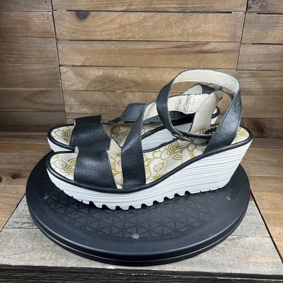 Fly London Women Sz 8-8.5 Black Leather Strappy Adjustable Wedge Sandals Eur 39