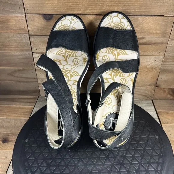 Fly London Women Sz 8-8.5 Black Leather Strappy Adjustable Wedge Sandals Eur 39