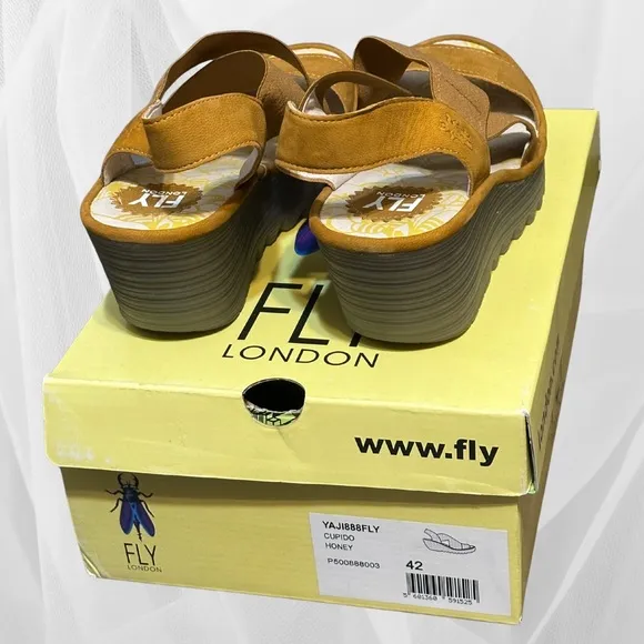 FLY London Women's Cupido Honey Wedge Heel Sandals size 42 New In Box