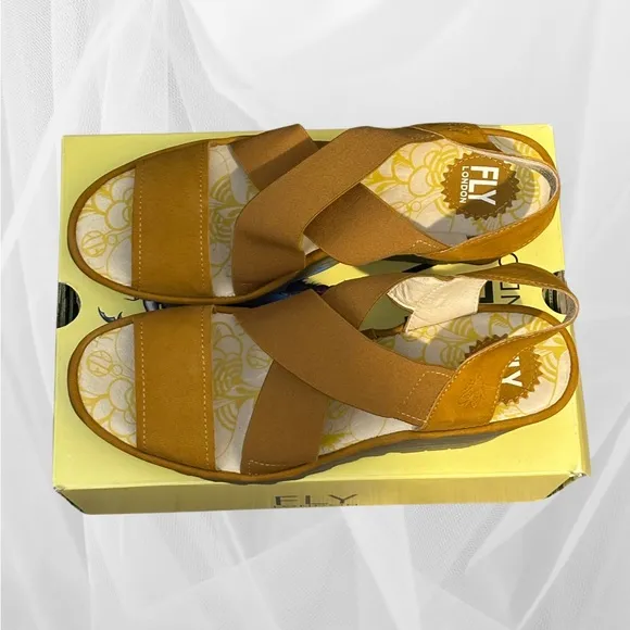 FLY London Women's Cupido Honey Wedge Heel Sandals size 42 New In Box