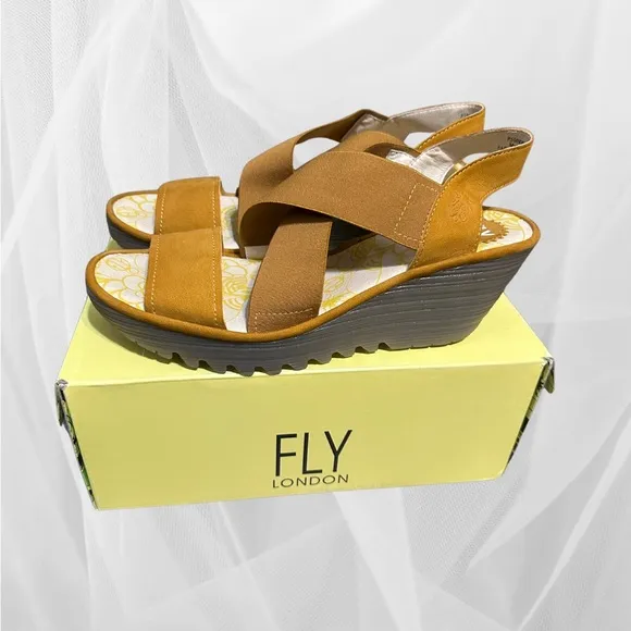 FLY London Women's Cupido Honey Wedge Heel Sandals size 42 New In Box