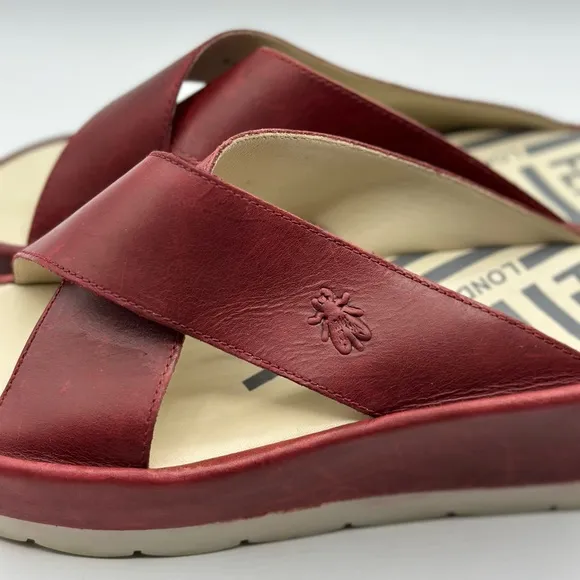 Fly London Women's Maroon Wedge Leather Wide Strap Slide Sandals Size 42