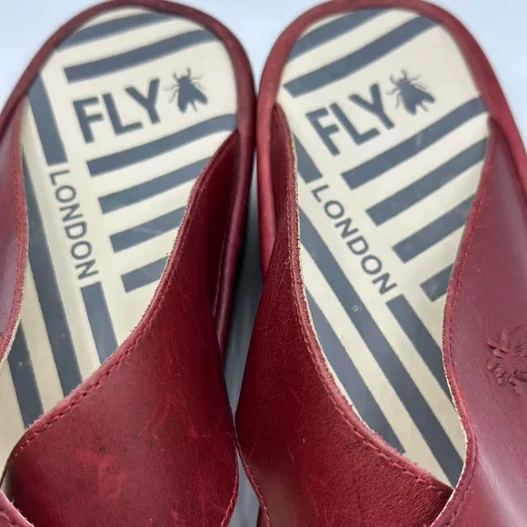Fly London Women's Maroon Wedge Leather Wide Strap Slide Sandals Size 42