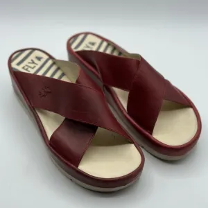 Fly London Women's Maroon Wedge Leather Wide Strap Slide Sandals Size 42
