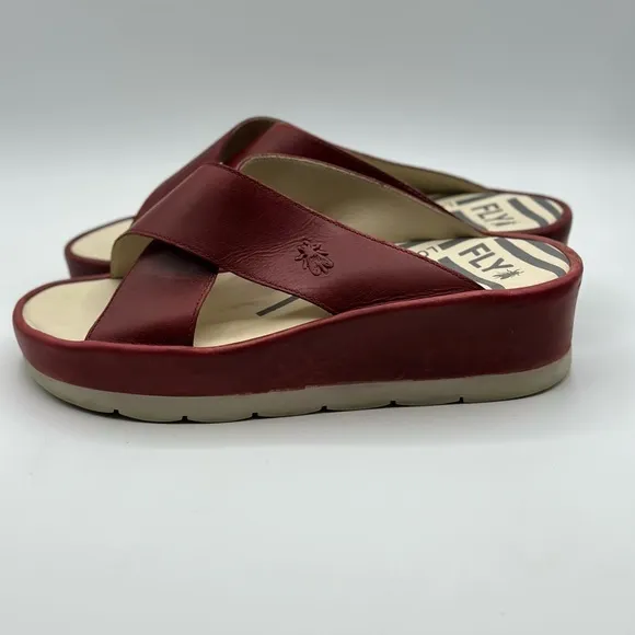 Fly London Women's Maroon Wedge Leather Wide Strap Slide Sandals Size 42