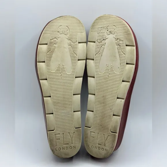 Fly London Women's Maroon Wedge Leather Wide Strap Slide Sandals Size 42