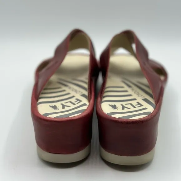 Fly London Women's Maroon Wedge Leather Wide Strap Slide Sandals Size 42