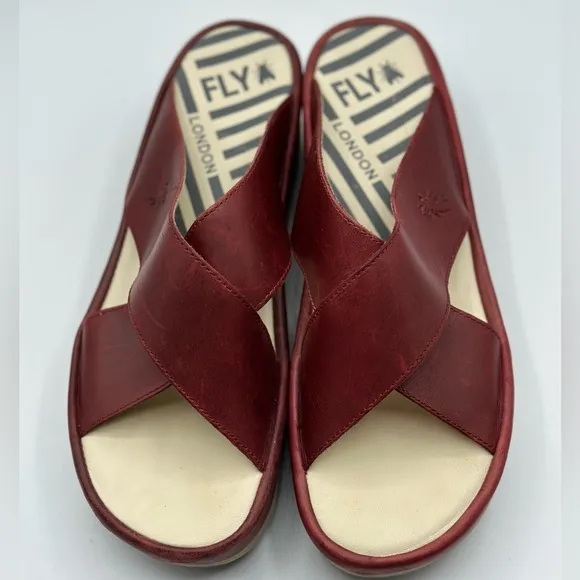 Fly London Women's Maroon Wedge Leather Wide Strap Slide Sandals Size 42