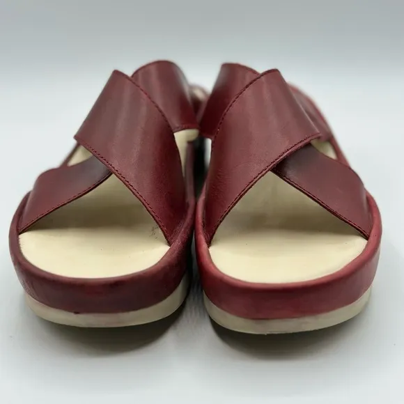 Fly London Women's Maroon Wedge Leather Wide Strap Slide Sandals Size 42