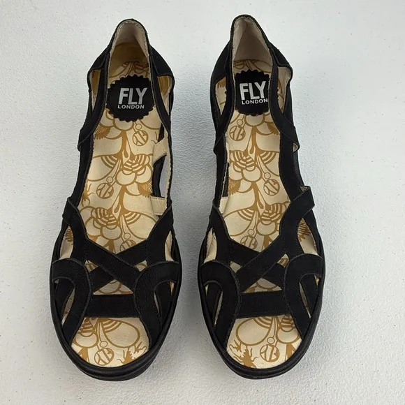 Fly London Yadi Sandals Black Leather Strappy Peep Toe Slip-On Wedge Heel 7 NEW