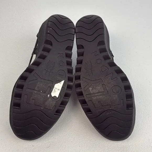 Fly London Yadi Sandals Black Leather Strappy Peep Toe Slip-On Wedge Heel 7 NEW