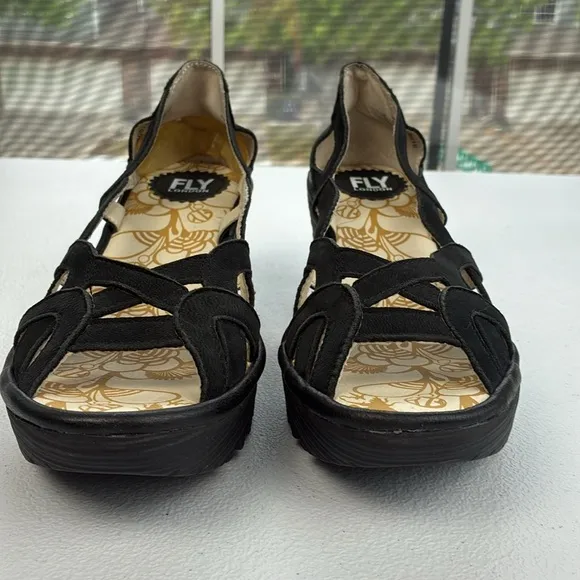 Fly London Yadi Sandals Black Leather Strappy Peep Toe Slip-On Wedge Heel 7 NEW
