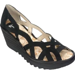 Fly London Yadi Sandals Black Leather Strappy Peep Toe Slip-On Wedge Heel 7 NEW