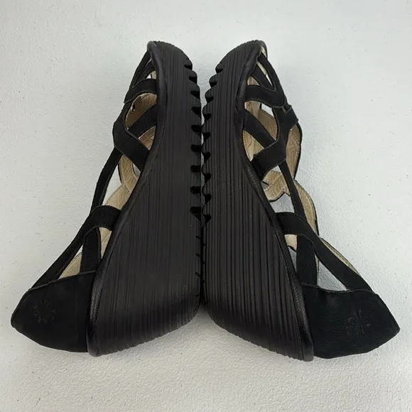 Fly London Yadi Sandals Black Leather Strappy Peep Toe Slip-On Wedge Heel 7 NEW
